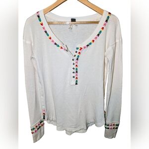 Free People Women's Cream Henley Top with Multicolor Accents Sz Small